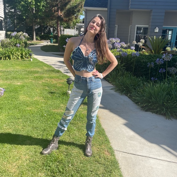 Erika Kelly Apparel Upcycled Everlane Skinny Jeans Patchwork & Lace Handsewn - Picture 12 of 17